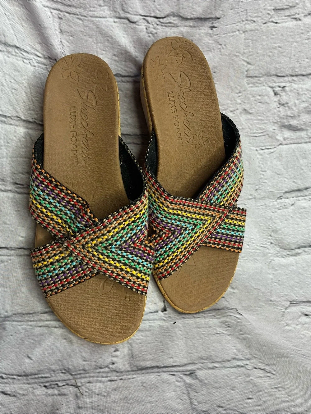 Skechers Beverlee Thick Rainbow Strappy Wedge Sandals Womens Sz 7 Woven Cork EUC